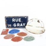 A French blue and white enamel street sign, 6 agricultural plaques, and a wall-hanging enamel basin