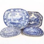 A group of blue and white transfer meat plates, largest width 53cm