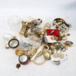 A tray of mixed costume jewellery, a wristwatch, silver-topped pots etc