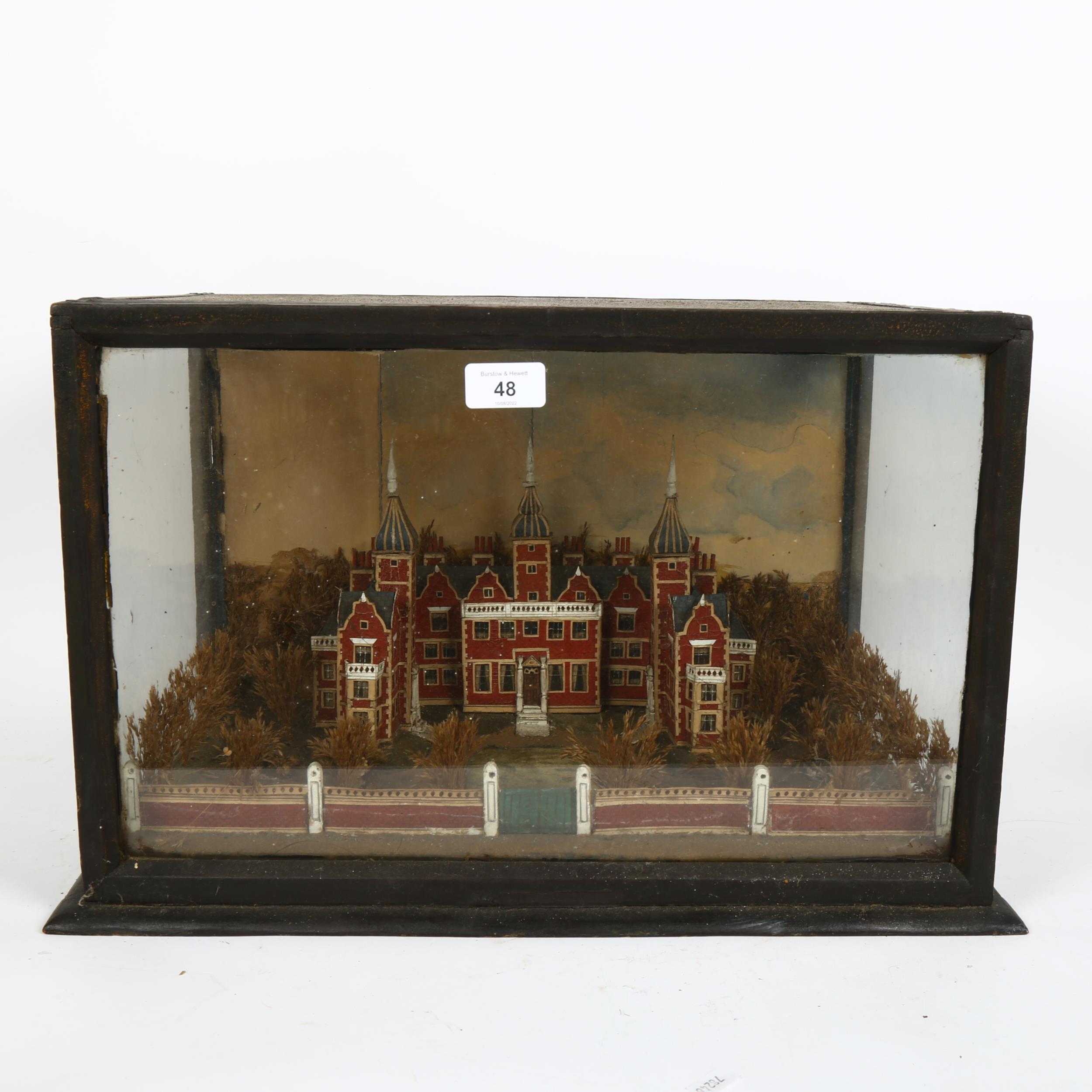 A late 19th/early 20th century Folk Art diorama, possibly of Aston Hall Birmingham, in glazed