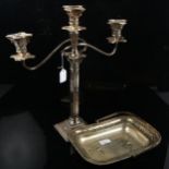 An electroplate Corinthian column design 2-branch table candelabra, height 46cm, and an electroplate