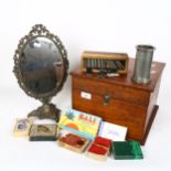 A mahogany box containing playing cards, dressing table mirror, 18th century pewter tankard etc