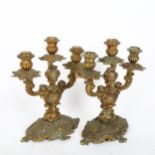 A pair of French Rococo style cast-brass 3-light table candelabra, height 26cm