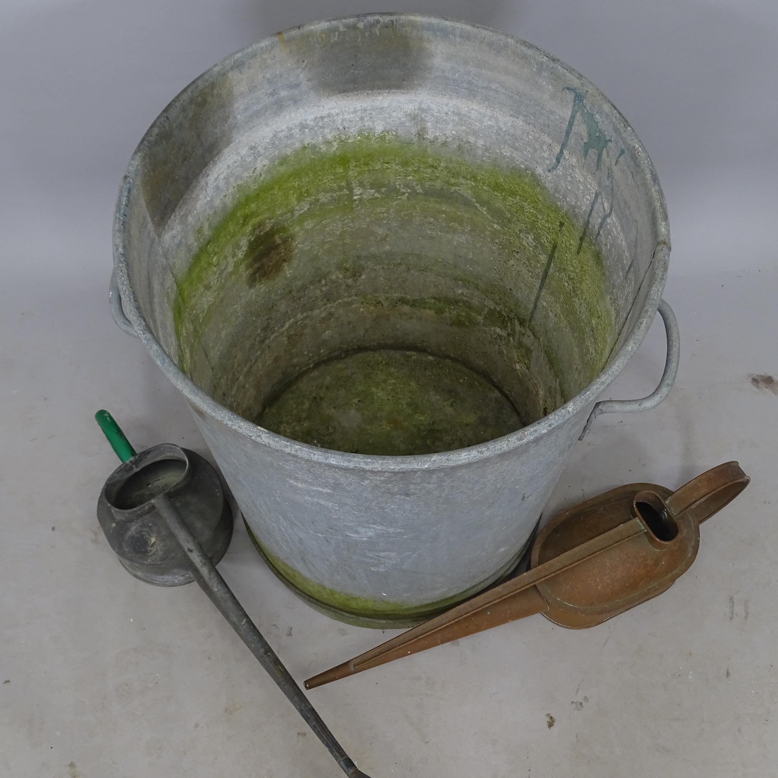 A galvanised metal waste bin, 56cm x 63cm, and a copper watering can, and a galvanised metal - Image 2 of 2