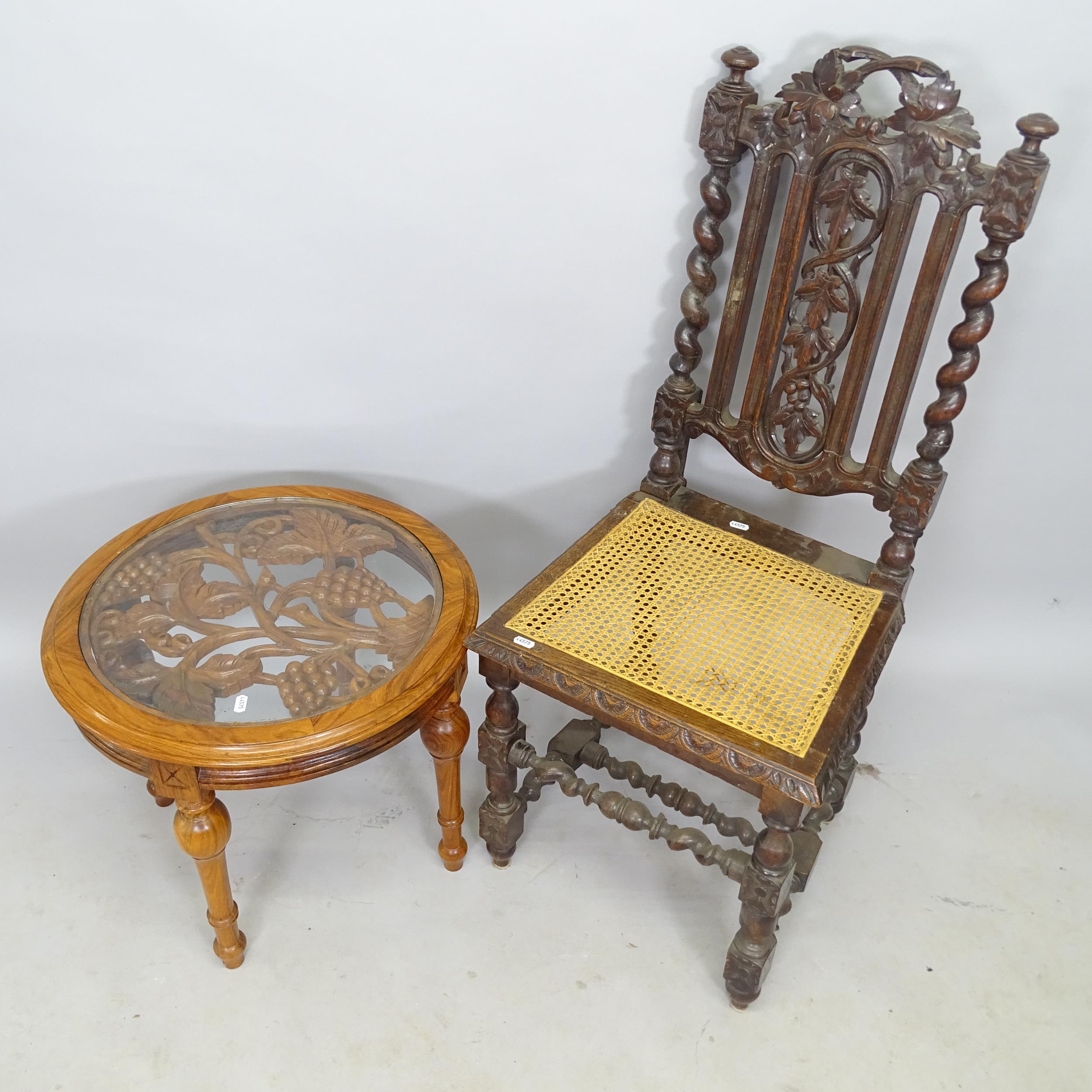 A carved oak hall chair with cane seat, an oak circular-top lamp table, a mahogany jardiniere - Image 2 of 2