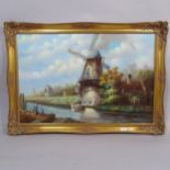 Schroter, modern oleograph on board, Dutch windmill, overall 73cm x 103cm, gilt-framed