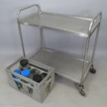 A stainless steel 2-tier metal trolley, 87cm x 92cm x 47cm, a galvanised metal crate, 52cm x 33cm