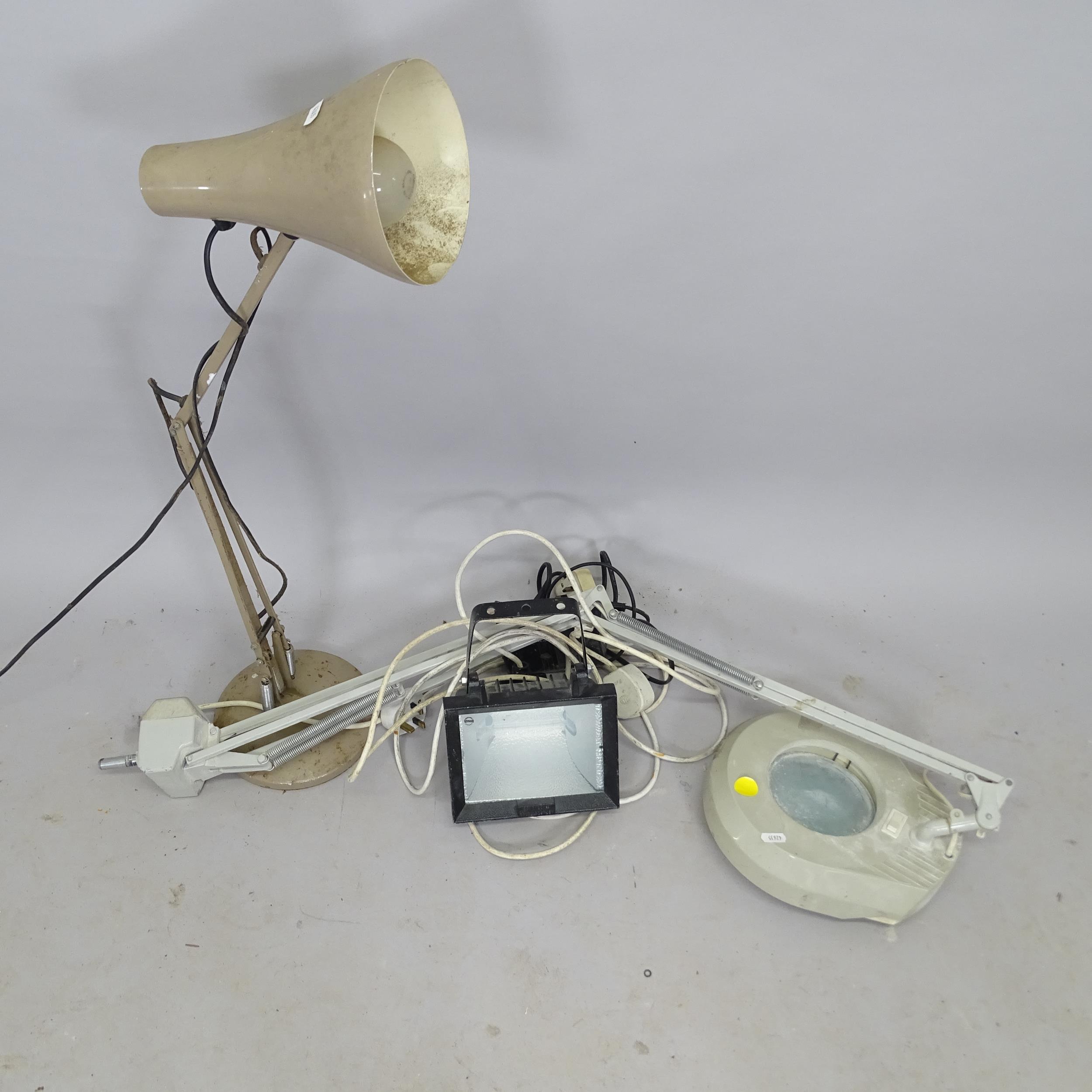 A mid-century anglepoise lamp, a jeweller's lamp, and another workbench lamp (3)
