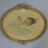 Bessie Gutmann, oval print, baby, in ornate gesso frame, image 13.5" x 17" Paper discolouration