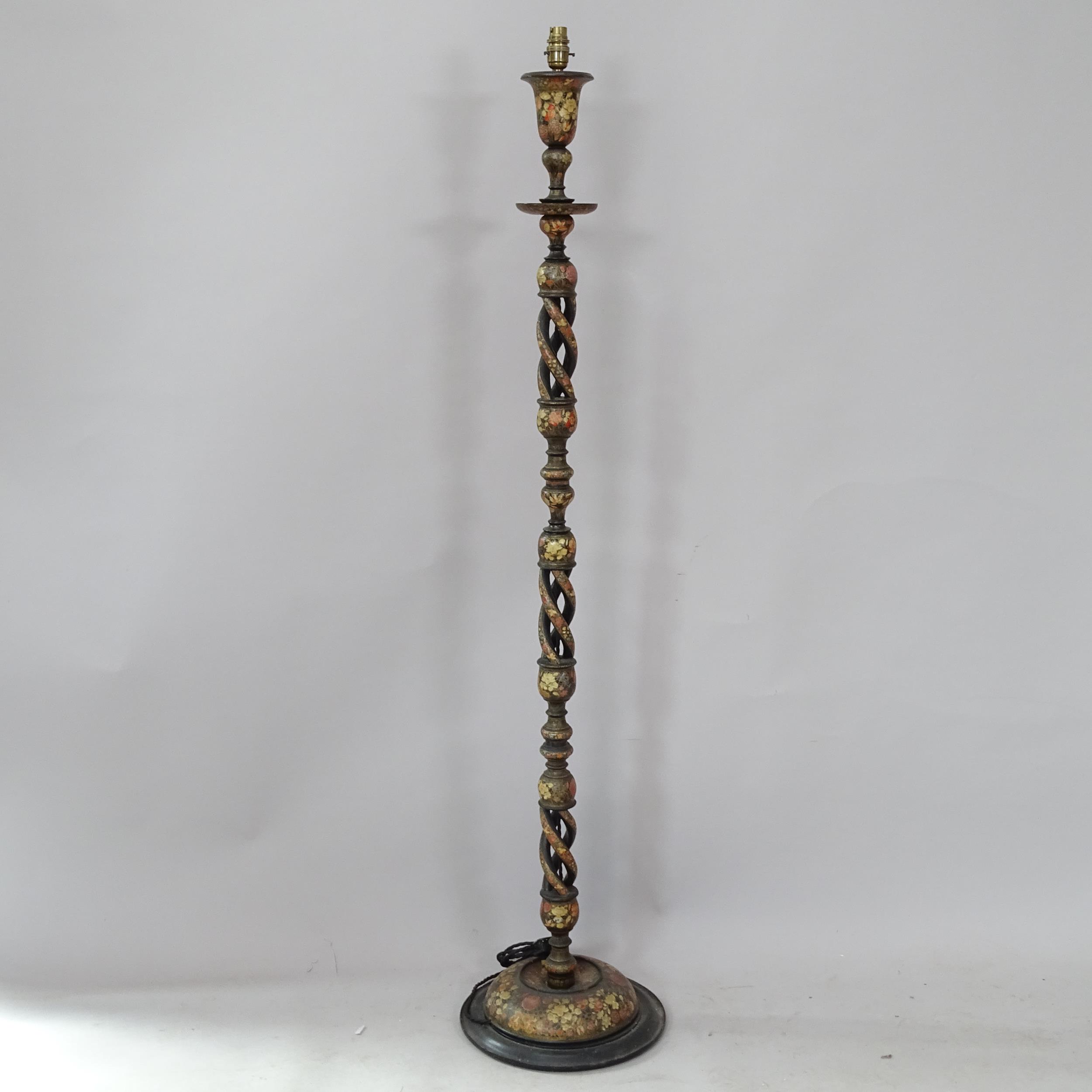 A Kashmir lacquered polychrome standard lamp, height to bayonet 149cm