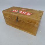 A Vintage stained pine box, with inset enamelled labels "For Pears", 46cm x 22cm x 22cm