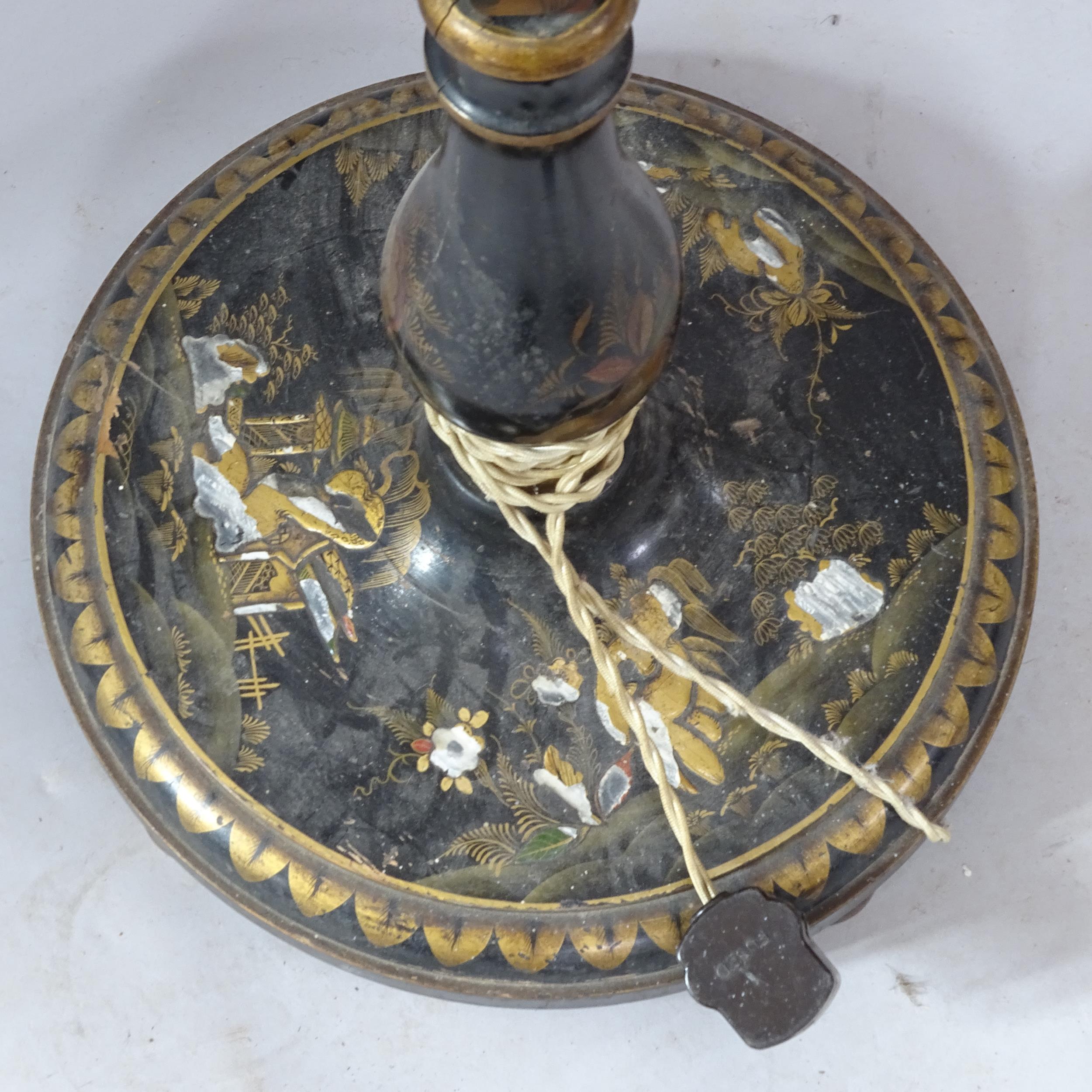 A black painted Chinese standard lamp, with chinoiserie decoration, height to bayonet 163cm - Image 2 of 2