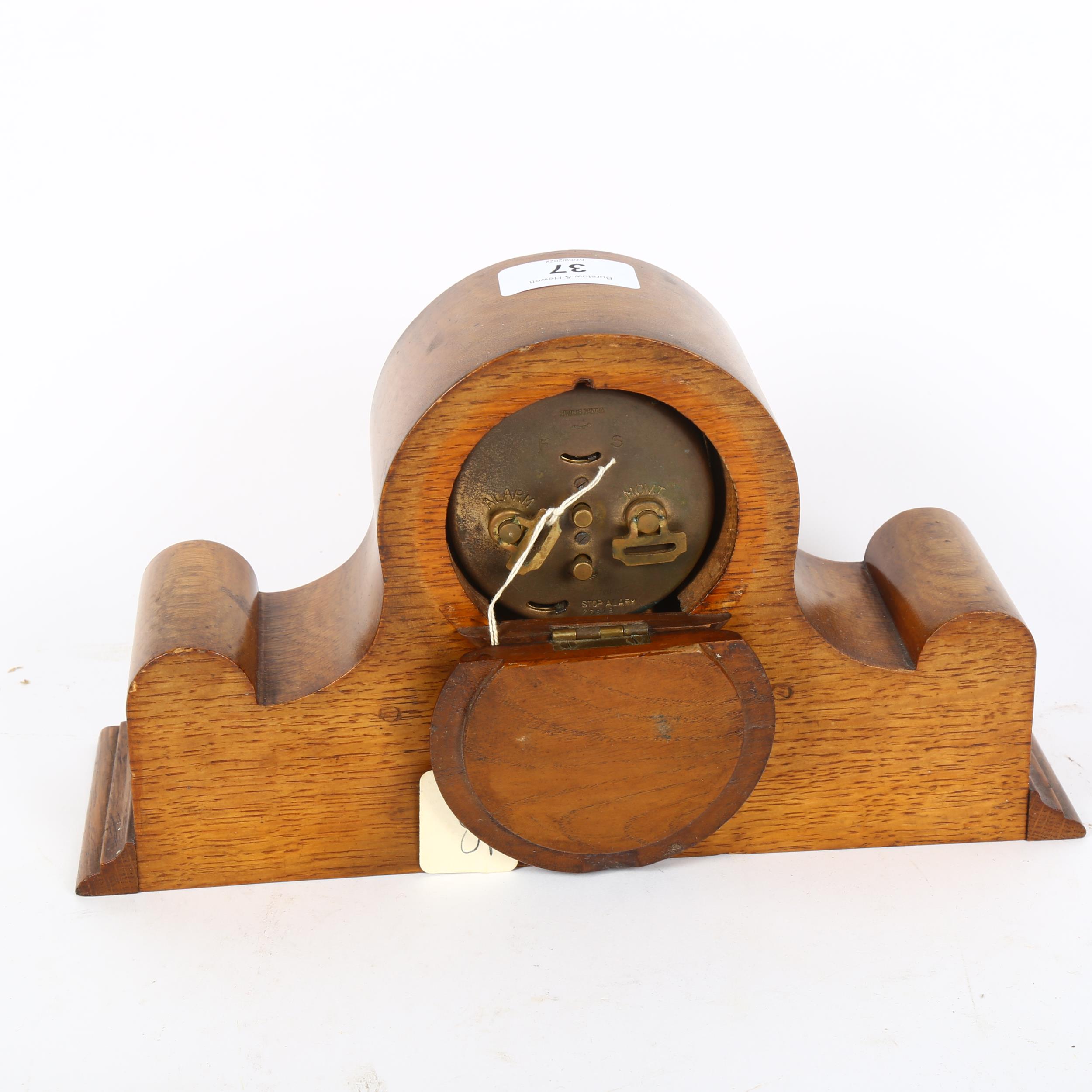 J W BENSON - an early 20th century light oak drum alarm mantel clock, Arabic numerals with - Image 2 of 2