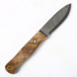 A hunting knife with Damascus steel blade, and leather scabbard, blade length 10cm