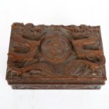 A Chinese hardwood box with applied carved dragon decoration, and Royal Air Force armorial "Per