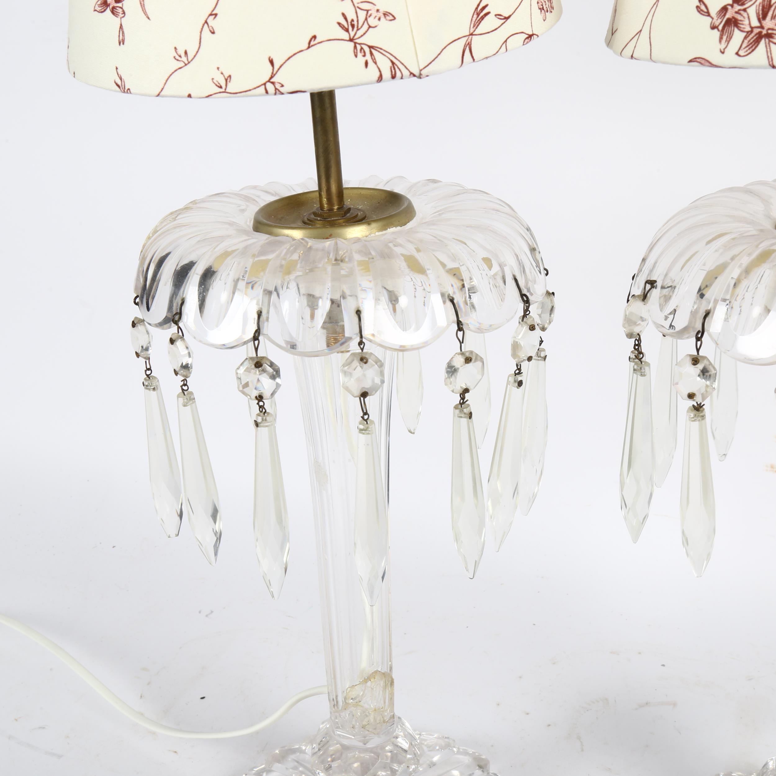 A pair of glass table lustre lamps and shades with drops, height 54cm overall - Image 2 of 2