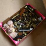 A large boxful of brassware, cigarette case, seashells etc