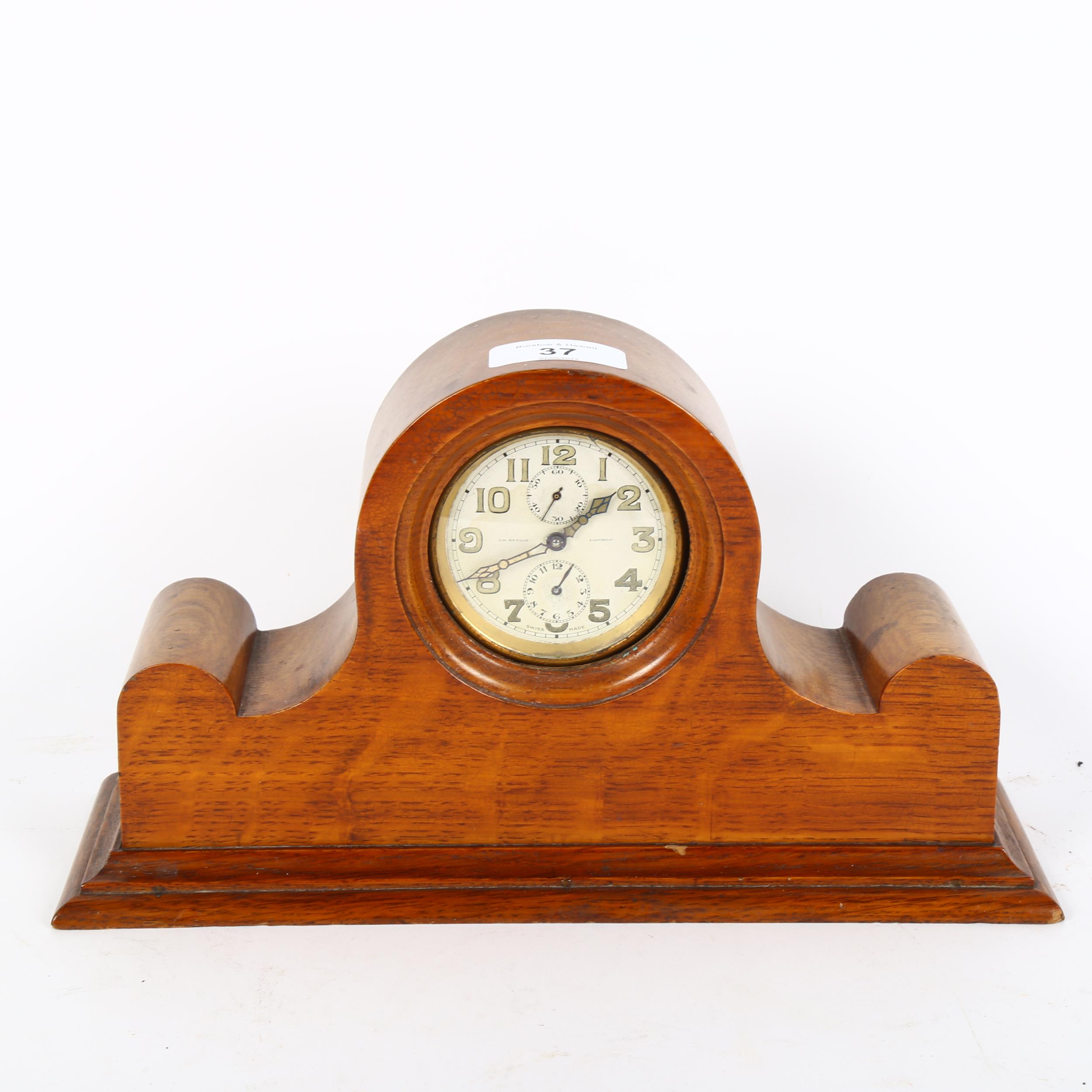 J W BENSON - an early 20th century light oak drum alarm mantel clock, Arabic numerals with