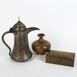 A Turkish brass wine ewer, engraved brass peacock cigarette box, and vase, height 13cm (3)