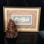 A Chinese embroidered silk panel, framed, and a carved wood figure of a sage, 17cm