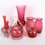 A group of Vintage and later cranberry glassware, including a Webb's vase with frilled edge,