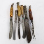 5 various horn and silver plated handled carving knives and fork, and another (6)