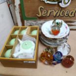 Boxed Oriental tea set, decorative plates, glass paperweights