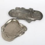 An Art Nouveau pewter figural dish, and another aluminium dish, largest length 37cm (2)