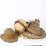 A Victorian British Army khaki pith helmet, and various African basketweave hats