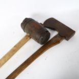 A large Vintage 2-handed mallet, and a hand-forged iron woodsman's lopping axe stamped AL, length