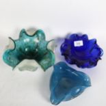 Mottled blue glass free-form dish, 18cm across, and 2 others