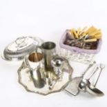 A box of mixed plated cutlery and ivorine-handled knives, fluted tureen and cover, 2 tankards,
