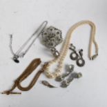 A group of costume jewellery, including a silver and marcasite banded ring, earrings etc