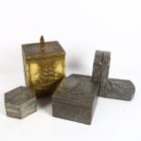 A brass tea caddy and 2 pewter -covered wooden boxes, 2 pewter bookends, all other than the