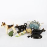 2 Jackfield cow creamers, a Terrier, a Victorian teapot and cover on stand etc