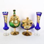 2 gilded Venetian glass pots and covers with enamelled decoration, tallest 28cm, and a pair of