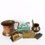 An Indo-Persian copper and brass water scoop with engraved antelopes, 16cm, an Edwardian letter rack