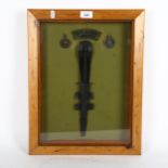 A Royal Marines Commando knife, and 2 badges, in glazed frame, height 47cm