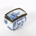 18th century Delft pottery box, with pewter mount, length 7cm, height 6cm, A/F Lid has been broken