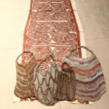 Papua New Guinea bark cloth panel, and 4 bilum handwoven bags