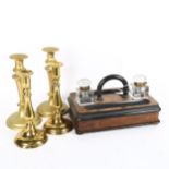 2 pairs of brass candlesticks, and a desk stand with cut-glass inkwells, 16cm across