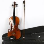 A violin and bow in case, and spare empty case (no bow or violin)