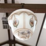 An early 20th century pendant light fitting, with painted glass shade and copper mounts, shade