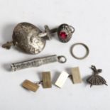 A silver and marcasite dress ring, a silver badge, an engraved silver propelling pencil, a shield