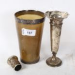 A large Victorian horn and silver-mounted beaker, and a silver bud vase