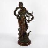 After Louis Moreau, an Art Nouveau patinated spelter sculpture, "Terpsichore", signed, height 61cm