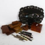 A box of desk items, including copper inkstand, pug work blotter, fountain pens etc