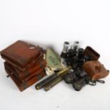 2 Vintage brass telescopes, binoculars, postcards, Victorian mahogany viewers etc