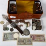 A large collection of pre-decimal coins, silver badges, banknotes, wristwatches etc