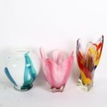 2 free-form Art glass vases, and a blue and white glass vase, height 22cm